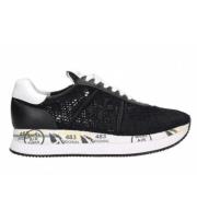 Zwarte Mesh Sneakers met Wit Leren Spoiler Premiata , Black , Dames