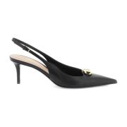 V Logo Slingback Leren Hakken Valentino Garavani , Black , Dames