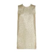 Gouden Tweed Jurk met Glas Kristal Ketting N21 , Yellow , Dames
