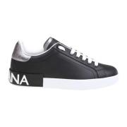 Portofino Leren Sneakers Zwart Dolce & Gabbana , Black , Heren