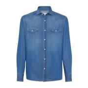 Blauwe Denim Drukknop Shirt Brunello Cucinelli , Blue , Heren