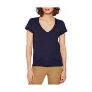 Elegante V-hals Katoenen T-shirt Ralph Lauren , Blue , Dames