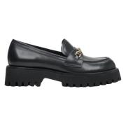 Elegante Zwarte Leren Loafers met Gouden Gesp Estro , Black , Dames
