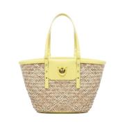 Handgeweven Raffia Leren Tas Natuurlijk Pinko , Beige , Dames