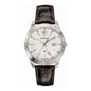 Bruin Lederen Zilver Stalen GMT Horloge Versace , Multicolor , Heren