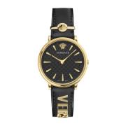 V-Circle Leren Horloge Zwart Goud Versace , Black , Dames
