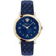 Chic Blauw Lederen Goud Stalen Horloge Versace , Blue , Dames