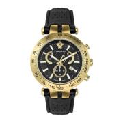 Bold Chrono Zwart Lederen Gouden Horloge Versace , Yellow , Heren
