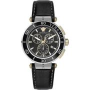 Greca Chronograaf Leren Band Horloge Versace , Black , Heren