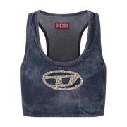 Blauwe Denim Mouwloze Top met Kristal Logo Diesel , Blue , Dames