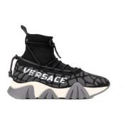 Trekkoord Sneakers Kantdetail Relief Logo Versace , Black , Heren