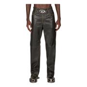 Leren Broek met Logo-Uitsparing Diesel , Black , Heren