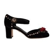 Zwarte Enkelband Hakken met Versiering Dolce & Gabbana , Black , Dames