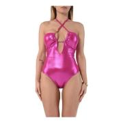 Glanzende Lycra Badpak met Metalen Logo Moschino , Pink , Dames