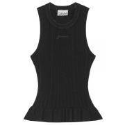 Geribbeld tanktop met ruches Ganni , Black , Dames