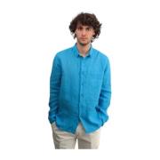 Turquoise Linnen Lange Mouw Overhemd 40Weft , Blue , Heren