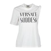 Asymmetrisch T-shirt met bedrukt logo Versace , White , Dames