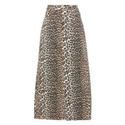 Leopard-Print Denim Midi Rok Ganni , Brown , Dames