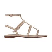 Studded Leather Flat Sandals Valentino Garavani , Brown , Dames