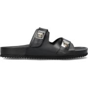 Zwarte Leren Slippers met Gouden Details Lina Locchi , Black , Dames