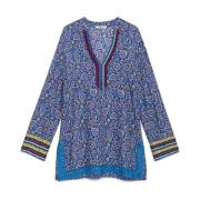 V-hals Kaftan Shirt in Licht Viscose Maliparmi , Blue , Dames