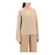 Trui met V-hals van platgebreid ribbreisel By Herenne Birger , Beige ,...