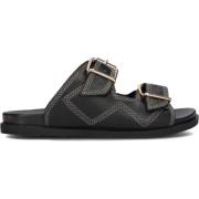 Zwarte Leren 2 Band Slipper met Stiksels Lina Locchi , Black , Dames