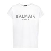 Eco-ontworpen katoenen T-shirt met strass logo Balmain , White , Dames