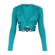 Stijlvolle Teal Groene Viscose Top Versace , Blue , Dames