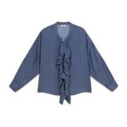 Chambray Blouse met Ruche Oltre , Blue , Dames