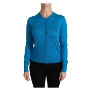 Zijden Crewneck Cardigan met Logo Details Dolce & Gabbana , Blue , Dam...