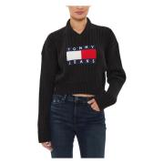 Zwarte Bedrukte V-hals Trui Tommy Hilfiger , Black , Dames