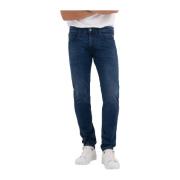 Blauwe Versleten Rits Jeans Replay , Blue , Heren