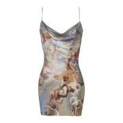 Hemelbedrukte satijnen babydoll jurk Balmain , Multicolor , Dames