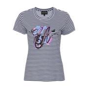 Blauw Gestreept T-shirt met Geborduurd Motief Emporio Armani , Multico...