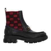 Zwarte Leren Enkellaarzen met Horsebit Detail Gucci , Black , Heren