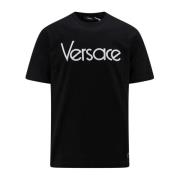 Zwart Geribbeld T-shirt met Borduurwerk Versace , Black , Heren