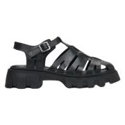 Zwarte Leren Sandalen voor Dames met een Bedekte Teenlijn op een Platf...