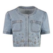 Geborduurde Denim Top met Zakken Self Portrait , Blue , Dames