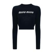 Intarsia Logo Crew Neck Sweater Miu Miu , Blue , Dames