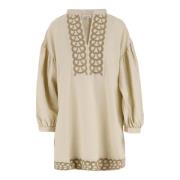 Linnen Jurk met Pofmouwen By Herenne Birger , Beige , Dames