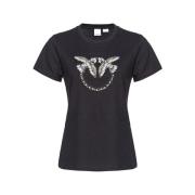 Katoenen T-shirt met korte mouwen en strass-logo Pinko , Black , Dames