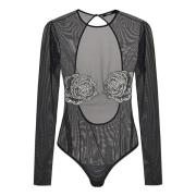 Zwart Tule Bodysuit met Juwelenbloemen Amen , Black , Dames