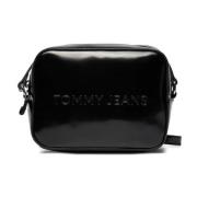 Zwarte PU Leren Schoudertas Tommy Jeans , Black , Dames