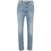 Blauwe Tapered Jeans met Logo Applicatie Balmain , Blue , Dames