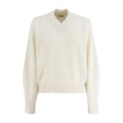 V-Hals Ribtrui Brunello Cucinelli , White , Dames