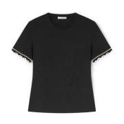 Lamé Gebreide Boord T-Shirt Motivi , Black , Dames