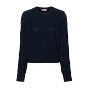 Monogram Jacquard Sweater met Goud-Tone Broche Twinset , Blue , Dames