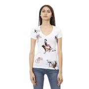 Stijlvol V-hals T-shirt met Frontprint Trussardi , White , Dames