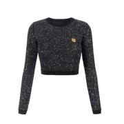 Zwarte Paillet Draad Cropped Sweater Elisabetta Franchi , Black , Dame...